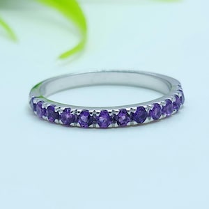 Natural Amethyst Wedding Band, Sterling Silver Band, Amethyst Half Eternity Ring, Stacking Matching Band, February Birthstone Gift Ring