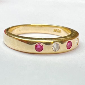 Natural Ruby Wedding Band, Vintage Ruby Moissanite Ring, Half Eternity Ring, 14k Gold Band, Stacking Ring, Chirstmas Gift