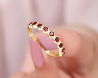 Garnet straight wedding band unique 14k gold band half eternity stacking matching band Vintage half eternity band anniversary bridal ring
