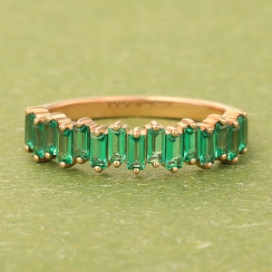 Unique Baguette Cut Emerald Wedding band, Yellow gold wedding band,  Half Eternity Stacking Band, Promise ring, Anniversary ring for women