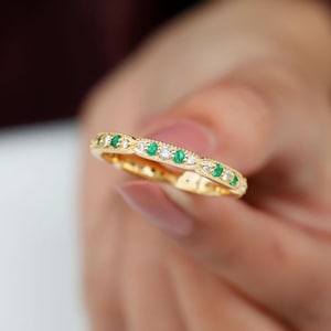 Art Deco Emerald Wedding Band Stackable Emerald Ring May Birthstone Stackable Yellow Gold Ring Handmade Wedding Band Ring Anniversary Ring