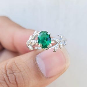 Emerald Ring, Handmade 925 Sterling Silver Ring, Oval Emerald Leaf Design Band Ring, May Birthstone, Promise Ring, Gift For Her