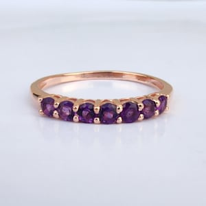 Delicate 7 Natural Amethyst Gemstones Wedding Band Solid Rose Gold 14K Stacking Ring Dainty Feb Birthstone Amethyst Wedding Band Women Ring