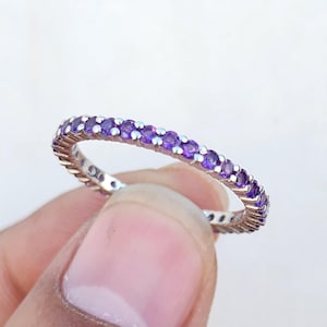 Amethyst Wedding Band, Art Deco Wedding Band, Sterling Silver Full Eternity Stacking Matching Band, Anniversary Gift, February Birthstone