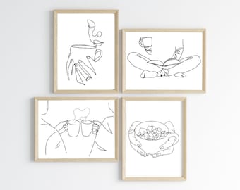 May include: Four framed art prints featuring minimalist line drawings. The prints depict a person holding a mug, a person reading with a mug, two people holding mugs, and hands holding a mug with a plant. The art is in black and white.