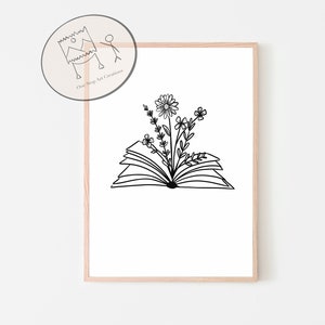Book With Flowers, Bookish Print, Bookish Gifts, Book Wall Art, Floral Prints, Library Wall Art, Line Art Print, Minimalist Art, Printable