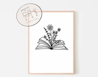 Book With Flowers, Bookish Print, Bookish Gifts, Book Wall Art, Floral Prints, Library Wall Art, Line Art Print, Minimalist Art, Printable