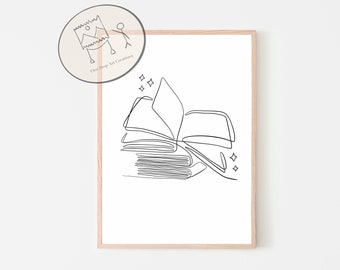 Stacked Books, Library Decor, Bookish Print, Bookish Gifts, Book Wall Art, Book Lover Gift, Line Art Print, Minimalist Wall Art, Printable