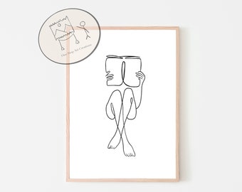 Bokinspirerat tryck, bokinspirerade presenter, bokväggkonst, present till bokälskare, linjekonsttryck, enlinjekonst, minimalistisk väggkonst, kvinnatryck, biblioteksdekor