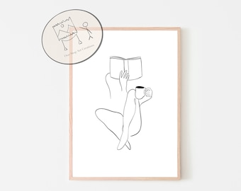 Bookish Print, Bookish Gifts, Book Wall Art, Book Lover Gift, Line Art Print, One Line Art, Minimalist Wall Art, Woman Print, Printable