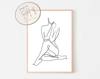 Mujer en pose línea dibujo mujer arte corporal impresión feminista arte de una línea arte minimalista arte blanco y negro descarga digital arte de decoración del hogar