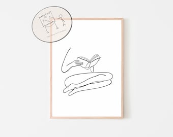 Sitting With Book, Bookish Print, Bookish Gifts, Book Wall Art, Book Lover Gift, Line Art Print, Minimalist Wall Art, Woman Art, Printable