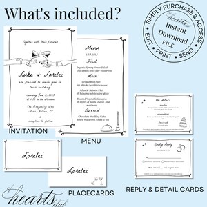 WEDDING INVITATION BUNDLE Templates| Hand drawn & Handwritten scribble illustrated Whimsical Stationary | Glass Clinking | Cheers | Cocktail