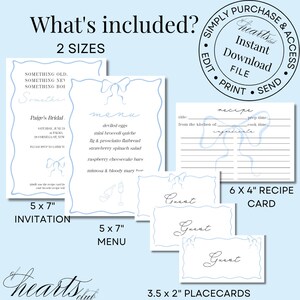 Bridal Shower Stationary Bundle | Something Blue | Event Invitation | Menu | Placecards | Recipe card | Instant Download | Editable Template