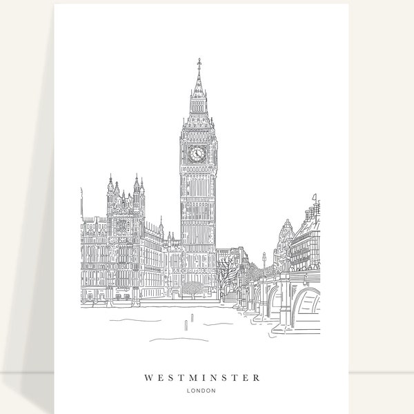 Croquis de Westminster | Croquis de Londres | Galerie d'art mural | Croquis de dessin de la ville | Dessin d'Architecture | Art mural minimaliste | Esquisse de paysage urbain