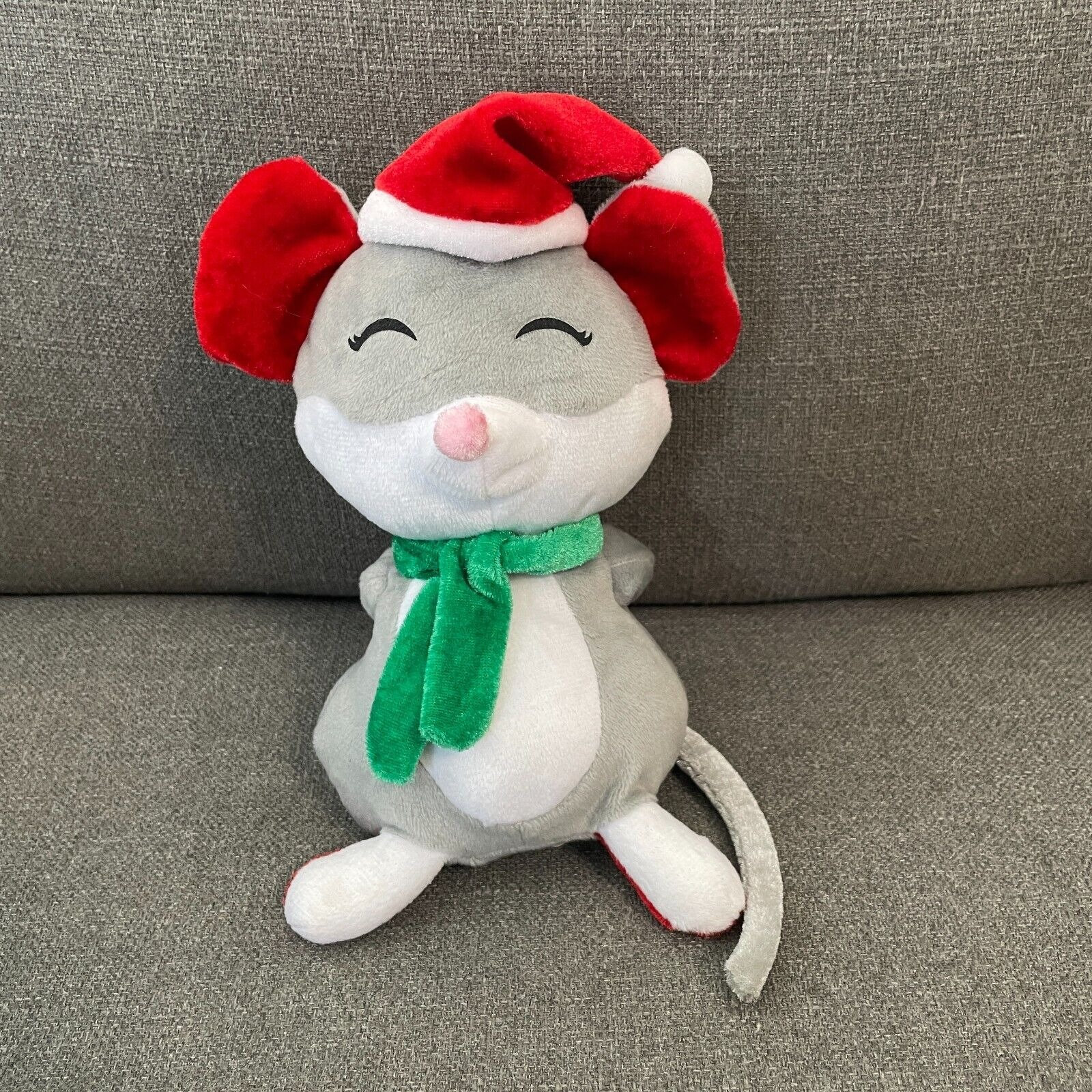 Ideal Toys Christmas Mouse Gray Stuffed Plush Red Santa Hat Green Scarf Holiday