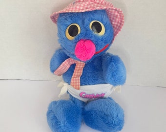 Vintage Playskool Baby Grover 12" Blue Stuffed Plush Doll Bonnet Diaper Sesame L