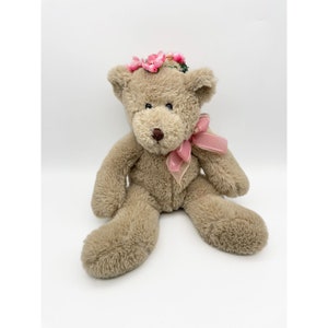 Burton & Burton Teddy Bear 13&quot; Beige Stuffed Plush Pink Flower Crown Valentines