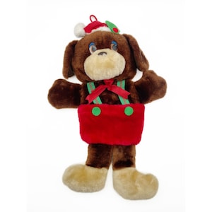 Vintage Christmas Puppy Dog 16&quot; Brown Red Stuffed Plush Hanging Decor Wall Door