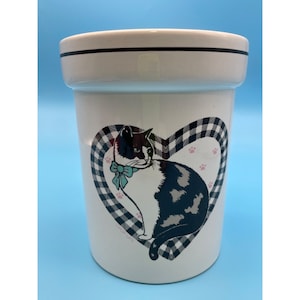 Vintage Treasure Craft Cat Canister Cookie Jar Storage Black White Heart NO LID