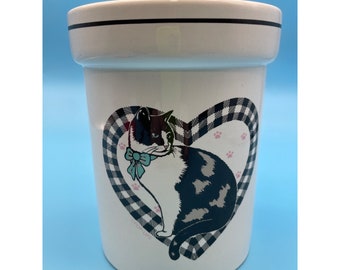 Vintage Treasure Craft Cat Canister Cookie Jar Storage Black White Heart NO LID