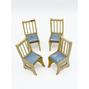 Miniature Chairs Set 4 Dollhouse Furniture Kitchen Dining Room Wood Blue Cushion