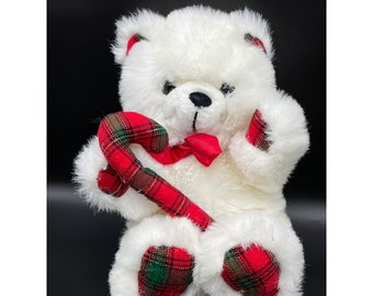 Vintage 1995 Happiness Express Teddy Bear 9 ""Weiß gefüllte Plüsch Weihnachten Plaid""