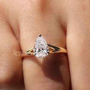 Pear Split Shank Engagement Ring,Solitaire Ring,Plunge Setting Pear Cut Lab Grown Diamond Wedding Ring,14K Gold Split Shank Anniversary Ring
