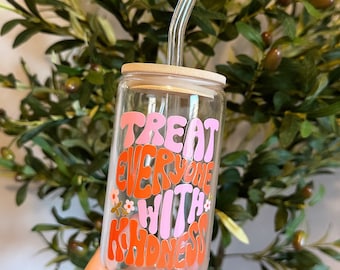 Treat everyone with Kindness 16oz Glass Cup | Retro Glass Cup | Libbey Glass | Bamboo Lid & Glass Straw