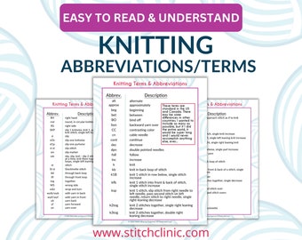 Términos y abreviaturas de tejido imprimibles / Recurso de tejido / Ayuda para leer un patrón de tejido / Aprenda a tejer / Fácil de leer