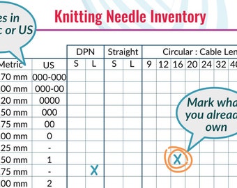 Knitting Needle Inventory Chart | Avoid buying duplicate needles | FOR Knitters | Organize Craft Supplies | for All Knitters