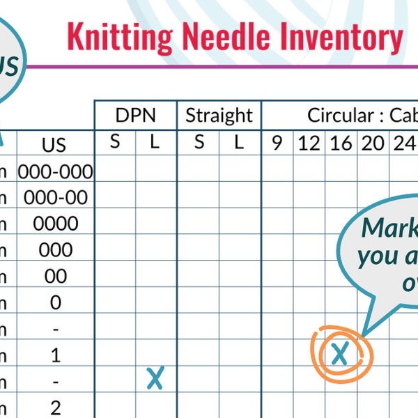 Knitting Needle Inventory Chart | Avoid buying duplicate needles | FOR Knitters | Organize Craft Supplies | for All Knitters