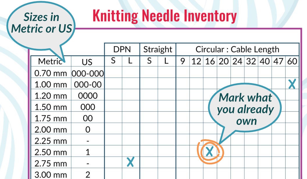 Knitting Needle Inventory Chart Avoid Buying Duplicate Needles FOR