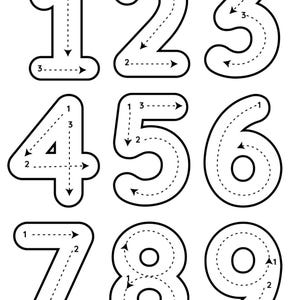 May include: Black and white tracing sheet with numbers 1 through 9. Each number has a dashed line with arrows indicating the direction to trace the number.