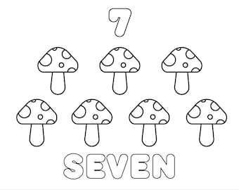 以下が含まれることがあります： 7の数字と、きのこの絵が7つ描かれた白黒のイラスト。きのこの下に「SEVEN」という文字が書かれている。