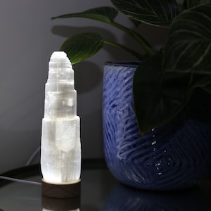 Könnte beinhalten: Eine weiße Selenit-Kristalllampe mit einem Holzsockel. Die Lampe ist eingeschaltet und strahlt ein warmes Licht aus. Der Kristall ist turmförmig und hat viele Schichten. Die Lampe steht auf einem Tisch neben einer Topfpflanze.
