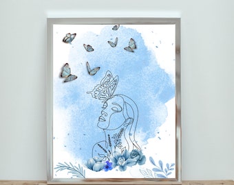 Blue White Minimalist Illustration Self Love Portrait Canvas Print