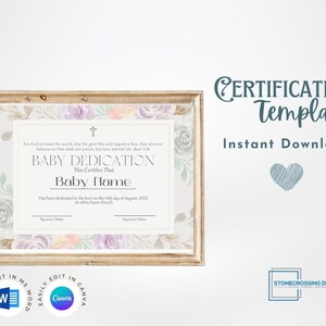 Editable Baby Dedication Template. Baptism. Printable Certificate. Editable with Canva or Microsoft Word.