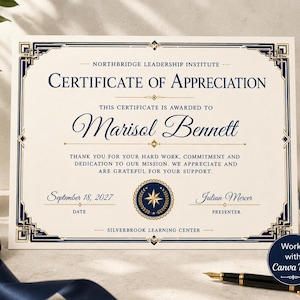 Może przedstawiać: Kremowy certyfikat uznania z ciemnoniebieskimi i złotymi geometrycznymi obramowaniami. Zawiera tekst Northbridge Leadership Institute, Certificate of Appreciation, Marisol Bennett, September 18, 2027, oraz Julian Mercer.