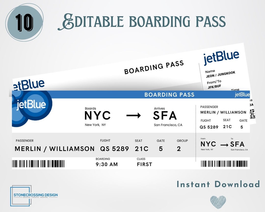 Editable Airline Boarding Pass Ticket Template. Surprise Trip Ticket