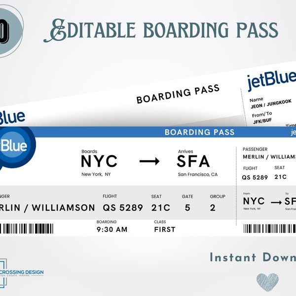 Editable Airline Boarding Pass Ticket Template.  Surprise Trip Ticket.  Printable Airline Ticket. Instant Download. Jet Blue.