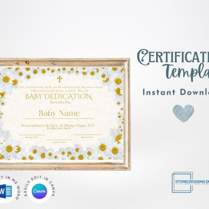 Editable Baby Dedication Template. Baptism. Printable Certificate. Editable with Canva or Microsoft Word.