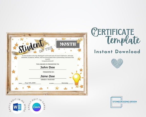 Student Of The Month Certificate Template Editable