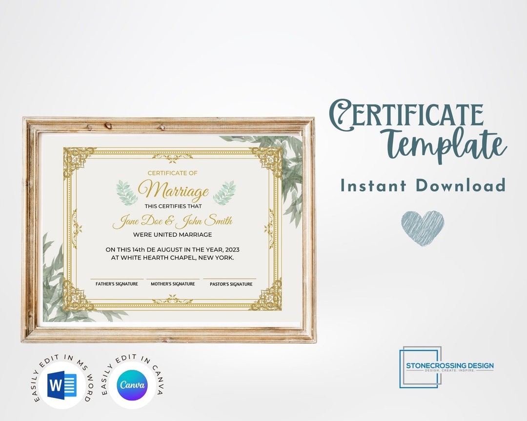 Editable Certificate of Marriage Template. Marriage License. Printable ...