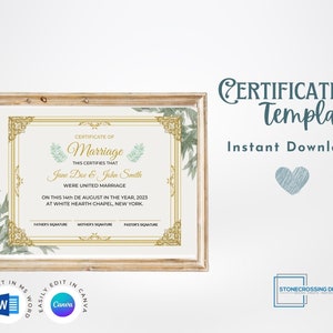Editable Certificate Of Marriage Template. Marriage License. Printable Certificate. Editable with Canva or Microsoft Word.