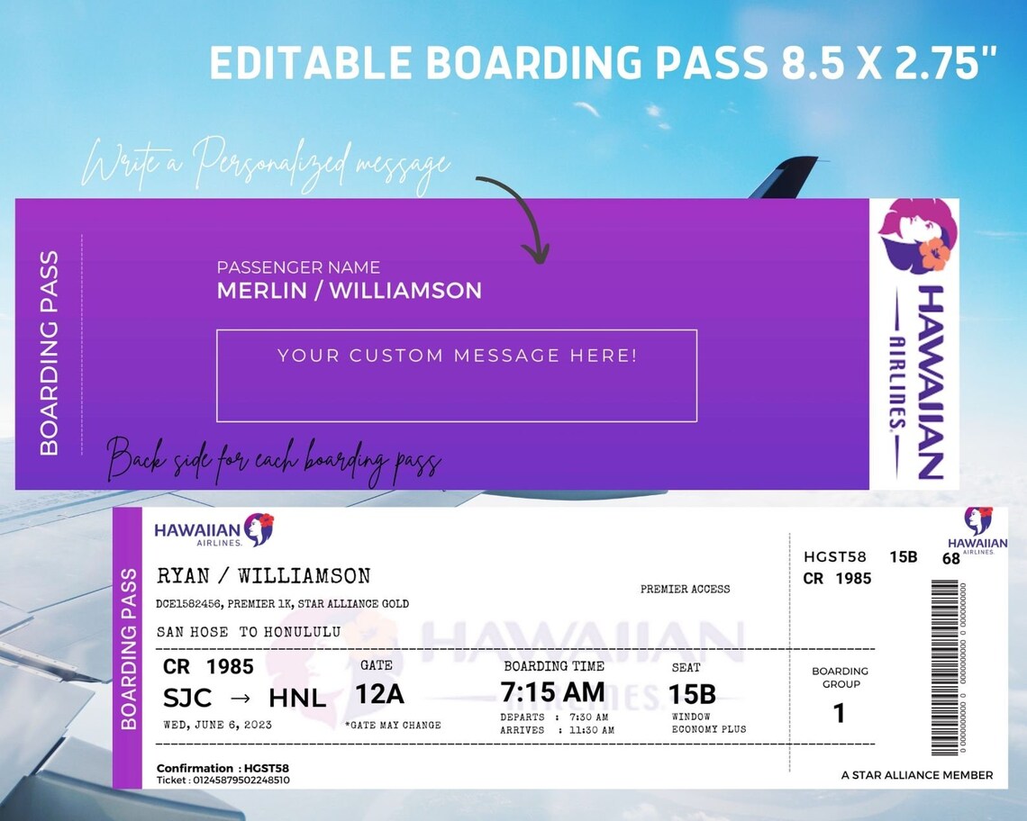 Editable Airline Boarding Pass Ticket Template. Surprise Trip Etsy