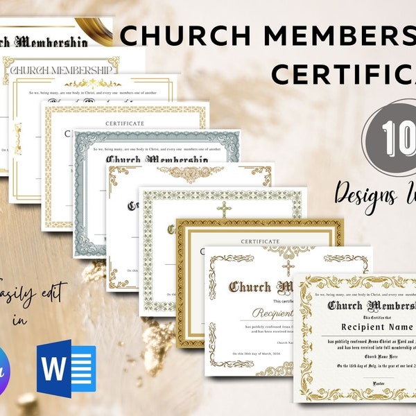 Complete Set Of 10 Church Membership Certificates, 10 DIY Church Certificates, Edit In Canva or Microsoft Word