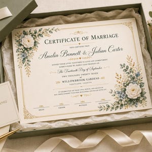 Może przedstawiać: Kremowy certyfikat małżeństwa z niebiesko-zielonymi ilustracjami kwiatowymi, zawierający tekst Certificate of Marriage, Amelia Bennett & Julian Carter oraz Willowbrook Gardens, zaprezentowany w pudełku prezentowym z małą kartką.