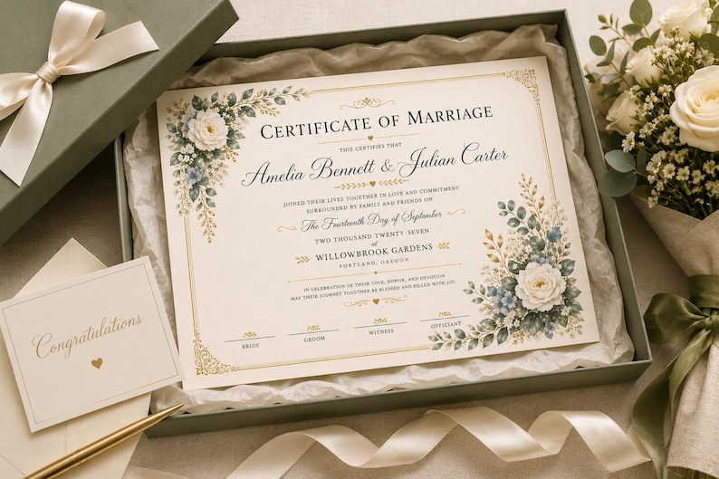 Może przedstawiać: Kremowy certyfikat małżeństwa z niebiesko-zielonymi ilustracjami kwiatowymi, zawierający tekst Certificate of Marriage, Amelia Bennett & Julian Carter oraz Willowbrook Gardens, zaprezentowany w pudełku prezentowym z małą kartką.