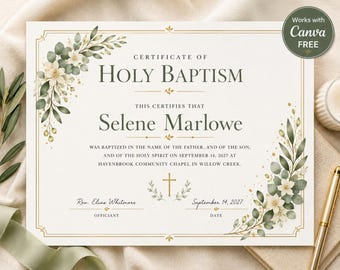 Editable Baptism Certificate, Baptism Canva Template, Printable Baptism Certificate, Christening Certificate, Digital Certificate